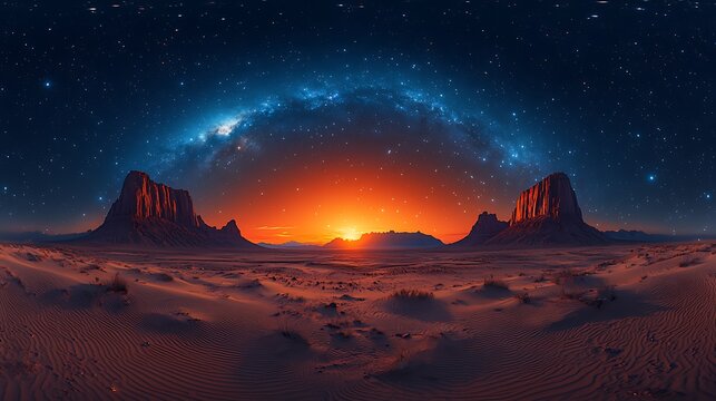 Vibrant sunset over desert landscape with majestic mountains and a stunning starry night sky, creating a surreal and awe-inspiring scene.