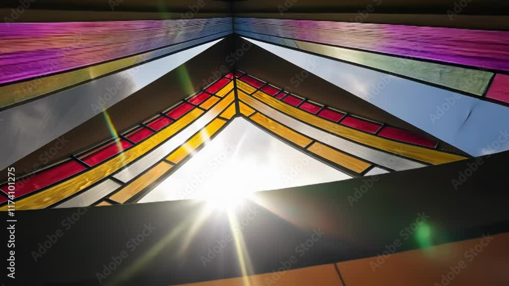 Poster sunlight streams through a colorful stained glass window, creating a vibrant atmosphere and artistic