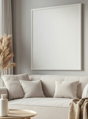 Blank square frame mockup in minimalist living room.