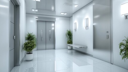 Modern minimalist hallway with elevator doors, plants, and bench.