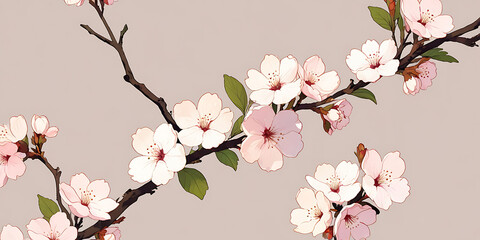 anime style Illustration of cherry blossoms, blooming branch of pink   flower sakura, nature floral background, blossom in spring
