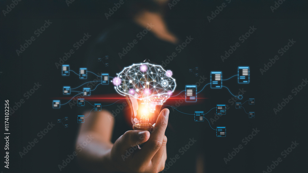 Aufkleber ai artificial intelligence icon inside light bulb. machine learning concept, big data, innovation te