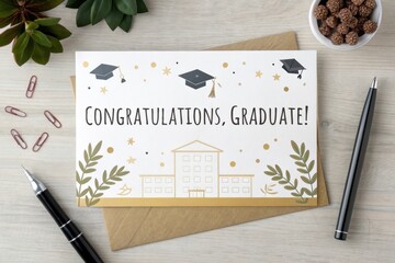 Graduation card with caps and stars on desk