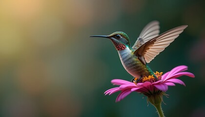 Fototapeta premium Vibrant Hummingbird in Flight: A 4K Macro Shot of Nature's Jewel Perched on a Pink Zinnia - Exquisite Detail and Color