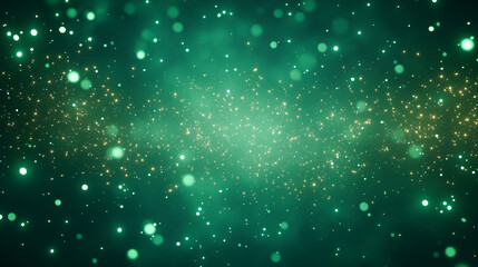 Glowing green particles in a cosmic starry sky background