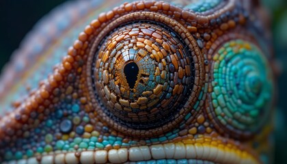 Fototapeta premium 4K Macro Photography of a Chameleon's Eye: Intricate Scales, Vibrant Colors, and Striking Detail - A Close-Up Look at Nature's Masterpiece
