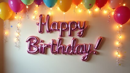 'Happy Birthday' spelled with vibrant balloons on a decorative wall 