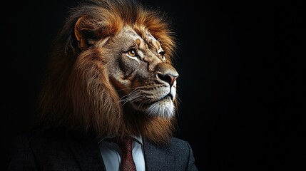 Naklejka premium Majestic lion in business suit studio setting portrait photography dramatic lighting powerful imagery