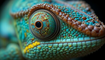 Fototapeta premium 4K Macro Photography of Chameleon's Eye: Vibrant Scales, Intricate Details, Close-up View of Exotic Reptile's Colorful Skin Texture. High Resolution Image, Amazing Detail.