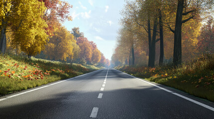 Scenic autumn road with colorful fall foliage and trees lining the way