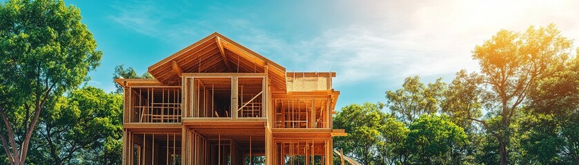 Construction of a modern wooden house urban setting photography daylight side view architecture trends