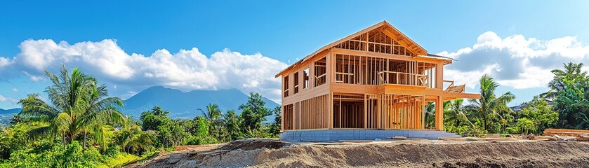 Construction progress of a wooden house in tropical landscape photography outdoor bright natural light