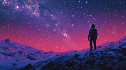 Fototapeta premium Exploring cosmic frontiers astronaut on alien landscape outer space digital art galactic environment surreal viewpoint