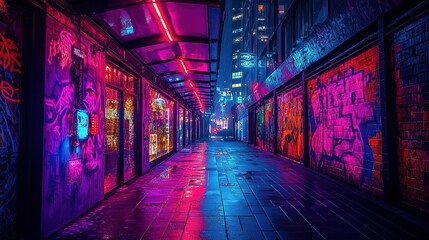 Exploring vibrant street art alley urban city night photography neon lights low angle creative expression