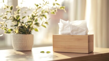 Wooden tissue box with plant on table in sunlight.