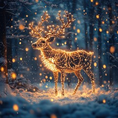 Glowing deer in winter wonderland enchanted forest digital art nighttime magical atmosphere