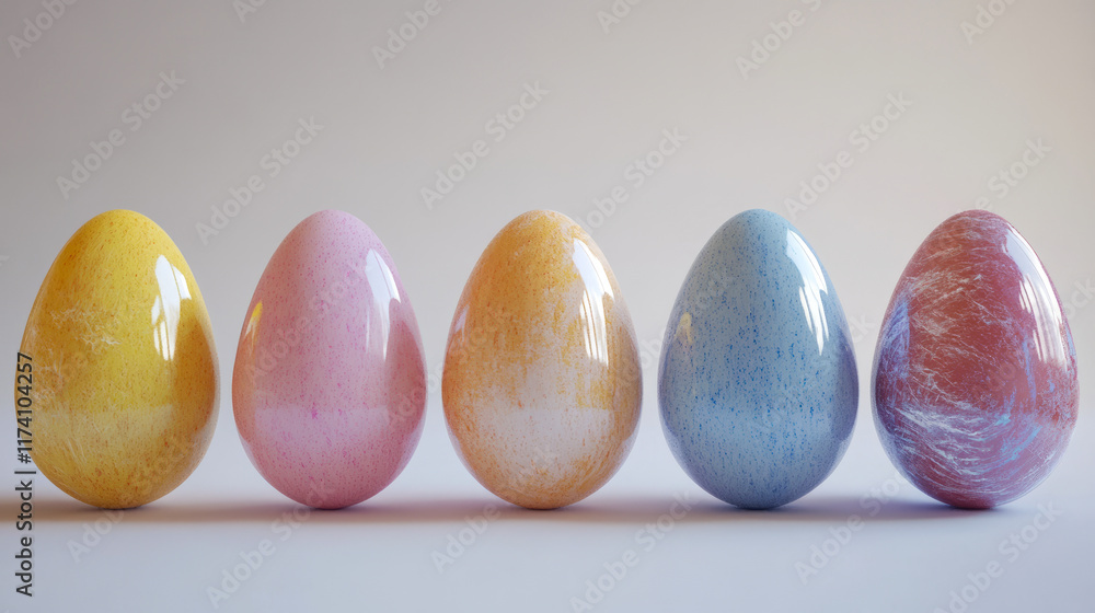 Poster colorful speckled eggs in a row with soft light and subtle textures