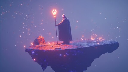 Lone figure in cloak holding flaming torch on a floating island.