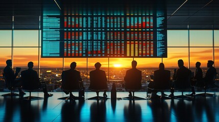 Businesspeople silhouetted against sunset, viewing a large data screen.