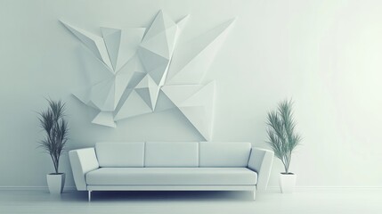 Minimalist white living room with geometric wall art and sofa.