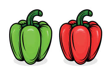 Two Vibrant Vector Cartoon Bell Peppers in Green and Red. Side View. Design Template for Food Packaging, Culinary Projects, Kitchen Designs. High-quality Bell Pepper Icon Set, Vector Illustration