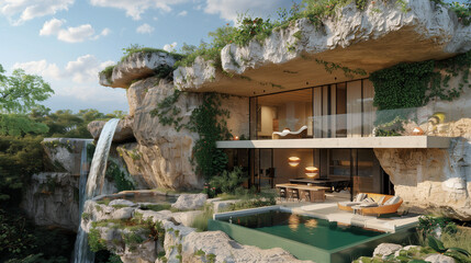 Fototapeta premium Luxury cliffside villa with waterfall and pool
