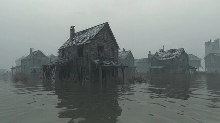 Obraz premium Stranded Homes in a Flooded Coastal Town