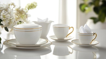 Fototapeta premium Elegant white tea set with gold trim on a table.
