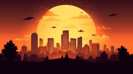 Fototapeta premium Futuristic city skyline at sunset with flying vehicles.