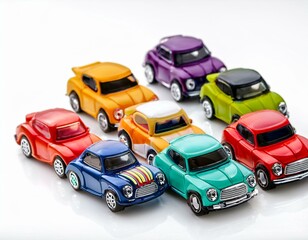 A collection of brightly colored mini toy cars in various designs, isolated on white.