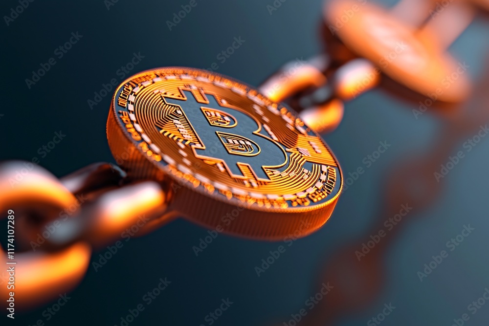Poster a stunning close-up of a glowing bitcoin blockchain structure showcasing intricate designs and vibra