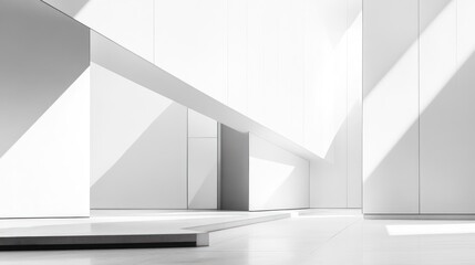 Minimalist white architecture interior with sunlight and shadows.