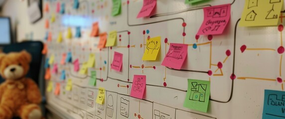 A whiteboard showcases a vibrant strategic planning session, with colorful post-it notes and flowcharts illustrating collaborative teamwork and clear, organized ideas.