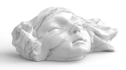 Fototapeta premium Serene marble sculpture of a child's face, partially veiled, resting on a rough surface.