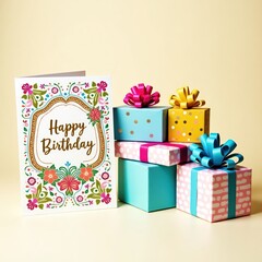 Obraz premium Happy birthday on a card with gift boxes 