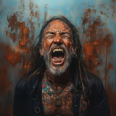 Inner Turmoil: A close-up portrait of a man, his face contorted in a primal scream, a raw depiction of anguish and emotional intensity.
