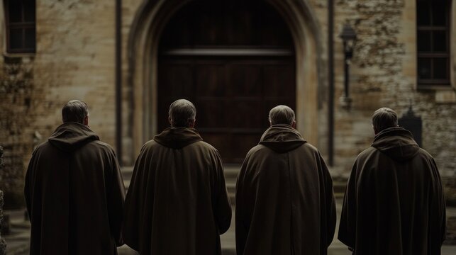 A neo classical style painting of Monks in an old Abbey in England