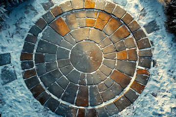 Circular stone pattern surrounded by snow in scenic winter setting