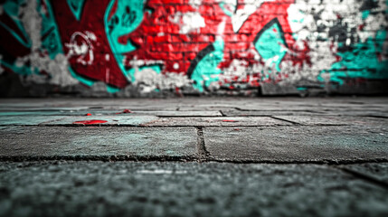Urban graffiti on brick wall with textured concrete ground in vibrant colors