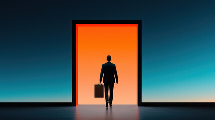 businessman walks through vibrant doorway, symbolizing opportunity