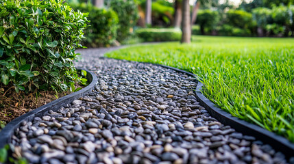 Serene pebble pathway in lush garden landscape with vibrant greenery