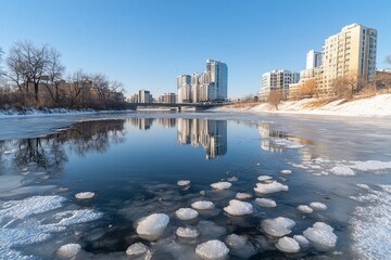 Obraz premium Frozen river reflects city skyline, winter