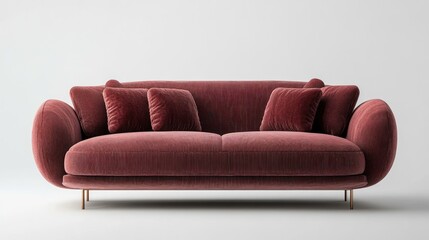 Red velvet sofa, studio shot, minimalist background, interior design