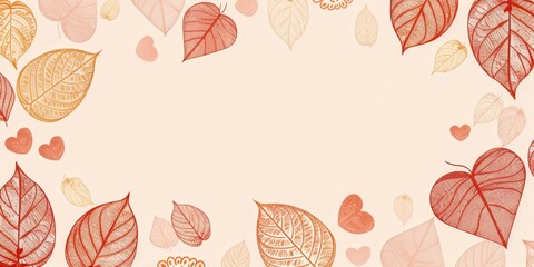 A delicate peach background adorned with intricately detailed, autumnal leaves in varying shades of red and orange, interspersed with small hearts, creates a romantic and autumnal ambiance.