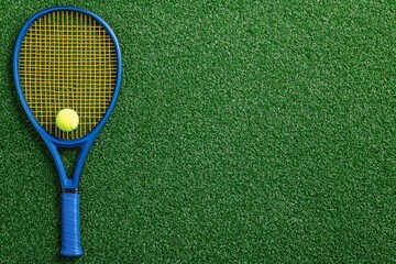On green grass, a tennis racket and ball are set for a party invitation