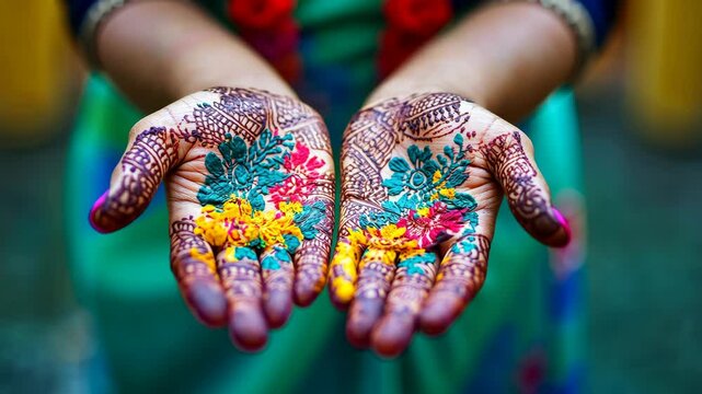 Hands adorned with vibrant mehndi patterns and floral designs during a festive celebration
