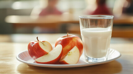 Sliced apples and milk on a plate with blurred background