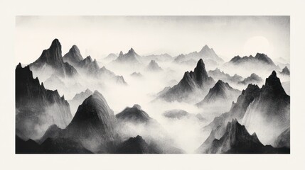 Monochrome Mountainscape Misty Peaks Underneath A Pale Sun