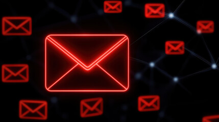 Neon red email icons on dark background, symbolizing digital communication