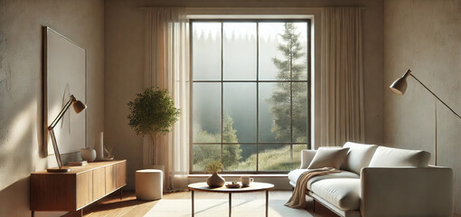 Minimalist living room with a misty forest outside